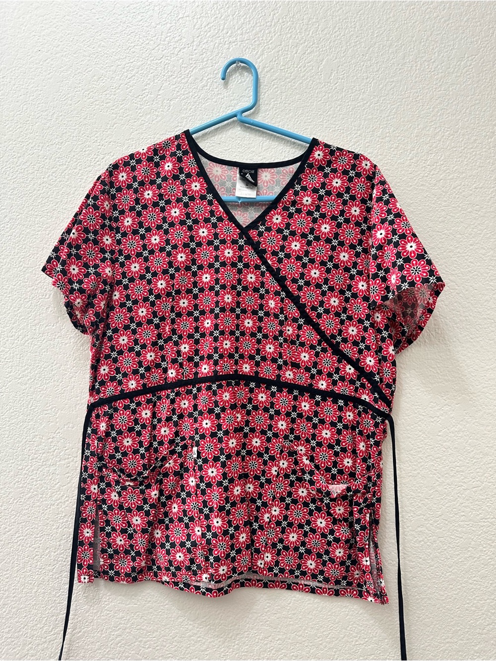 Cherokee Women’s Black & Red Floral Wrap Scrub Top